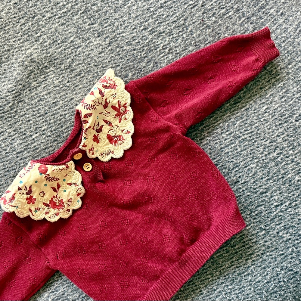 Burgundy Sweater with Scalloped Bib Collar